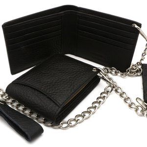 Bifold Black Genuine Leather Wallet with Chain